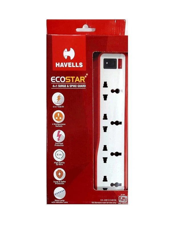 Havells SpikeStar Extension Board 4+1 Surge & Spike Guard 6A/ 1440W