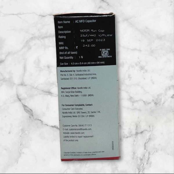 Havells AC MFD Capacitor Rating 25GF/440