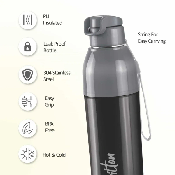 Milton Steel Convey 900 Steel Thermoware Insulated Inner Steel Water Bottle 650 ml  - Black, 630
