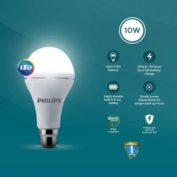 Philips 10W Emergency LED Bulb B22 Inverter LED Bulb for Power Cuts Crystal white Pack of 1