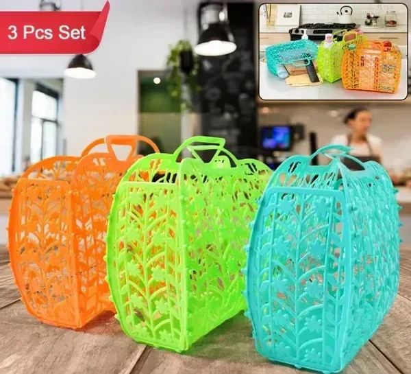 3PCS VEG. N FRUIT STORAGE BASKET, Plastic Foldable Basket Bag || Fruit & Vegetable Storage Basket   (2356) - Pack of 3