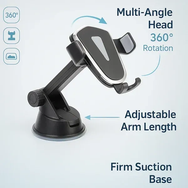 UNI. CAR MOBILE HOLDER, Universal Car Mobile Holder with Adjustable Arm | 360° Rotation Phone Mount for Dashboard & Windshield(2421)