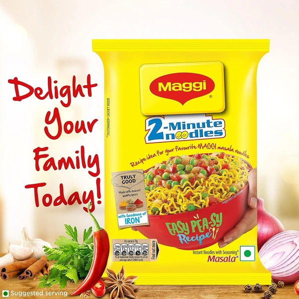 MAGGI 2-minute Instant Noodles, 840g (12 pouches x 70g each), Masala Noodles with Goodness of Iron, Made with Choicest Quality Spices, Favourite Masala Taste