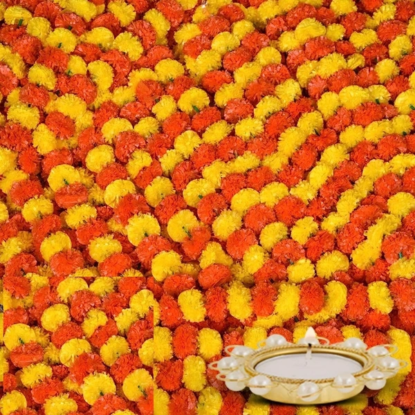 rtificial Marigold Flowers for Decoration Garland no Bell for Diwali & Festivals | 5 Feet Long 5pcs in 1 Packet (Multicolour) Colour:Multicolour