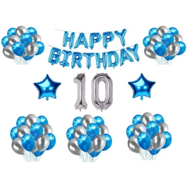 Shopnav 10Th Happy Birthday Decoration Combo With Foil And Star Balloons (Blue, Silver)