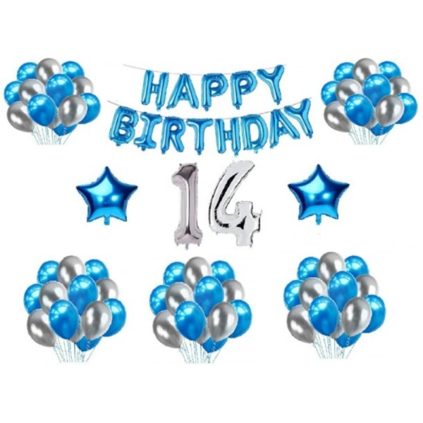 Shopnav 14Th Happy Birthday Decoration Combo With Foil And Star Balloons (Blue, Silver)