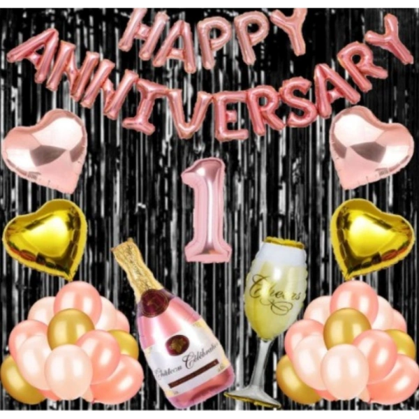 Shopnav 1St Anniversary Rose Gold Foil Balloons With Happy Decoration Items Set (Multicolor)