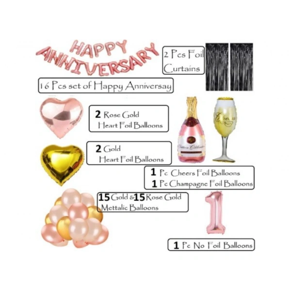 Shopnav 1St Anniversary Rose Gold Foil Balloons With Happy Decoration Items Set (Multicolor)