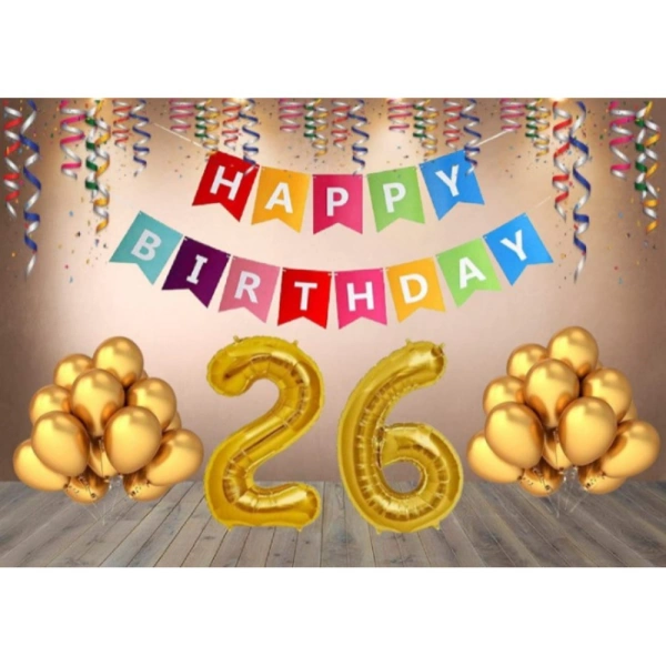 Shopnav 26Th Happy Birthday Decoration Combo With Multi Color Banner (Golden)