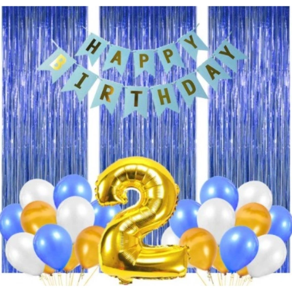 Shopnav 2Nd Birthday Decoration Combo Of No 2 Foil Balloons, Banner, Balloons And Curtain (Multicolor)