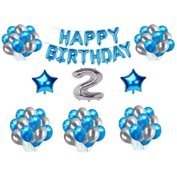 Shopnav 2Nd Happy Birthday Decoration Combo With Foil And Star Balloons (Blue, Silver)