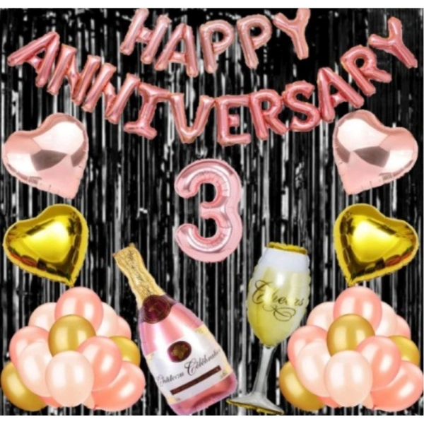 Shopnav 3Rd Anniversary Rose Gold Foil Balloons With Happy Decoration Items Set (Rose Gold)