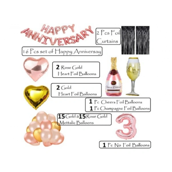 Shopnav 3Rd Anniversary Rose Gold Foil Balloons With Happy Decoration Items Set (Rose Gold)