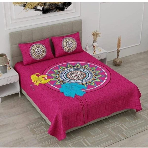 Shopnav Cotton Printed Queen Size Bedsheet With 2 Pillow Covers (Pink, 90x100 Inch)