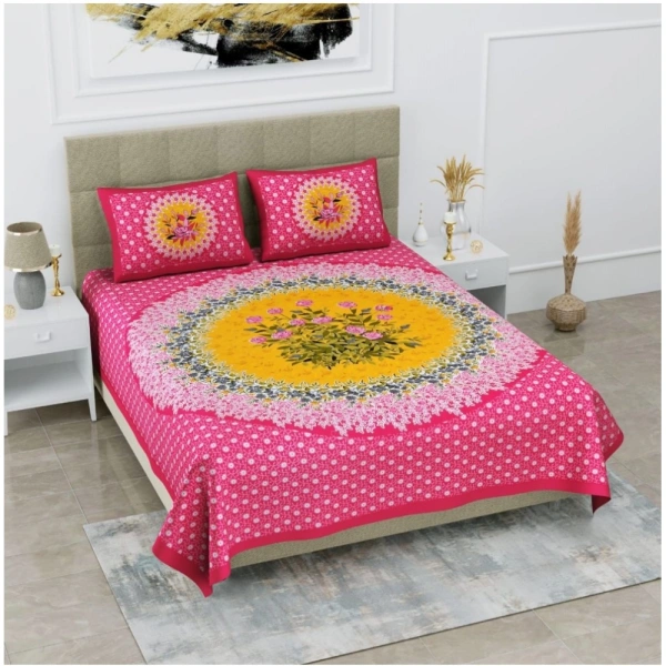 Shopnav Cotton Printed Queen Size Bedsheet With 2 Pillow Covers (Pink, 90x100 Inch)