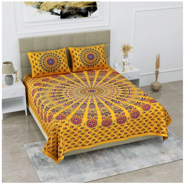 Shopnav Cotton Printed Queen Size Bedsheet With 2 Pillow Covers (Yellow, 90x100 Inch)