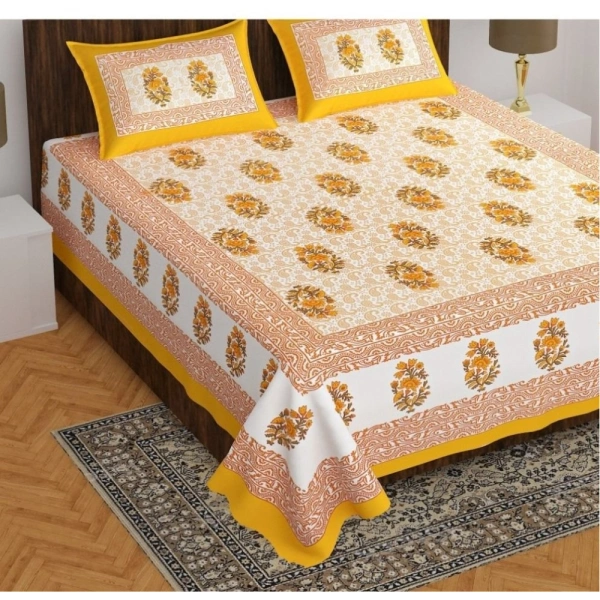Shopnav Cotton Printed Queen Size Bedsheet With 2 Pillow Covers (Yellow, 90x100 Inch)