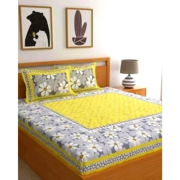 Shopnav Cotton Printed Queen Size Bedsheet With 2 Pillow Covers (Yellow, 90x100 Inch)