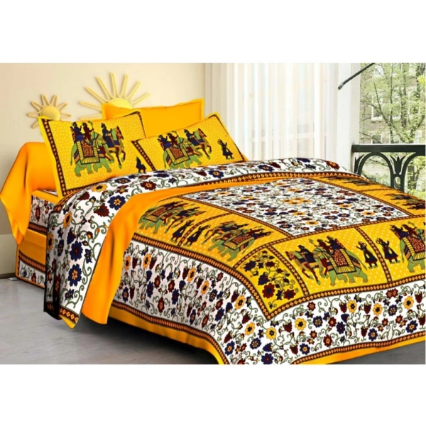 Shopnav Cotton Printed Queen Size Bedsheet With 2 Pillow Covers (Yellow, 90x100 Inch)
