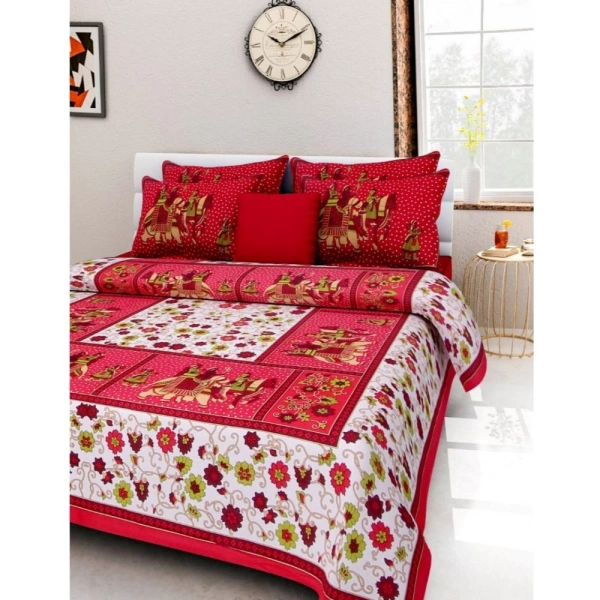 Shopnav Cotton Printed Queen Size Bedsheet With 2 Pillow Covers (Red, 90x100 Inch)