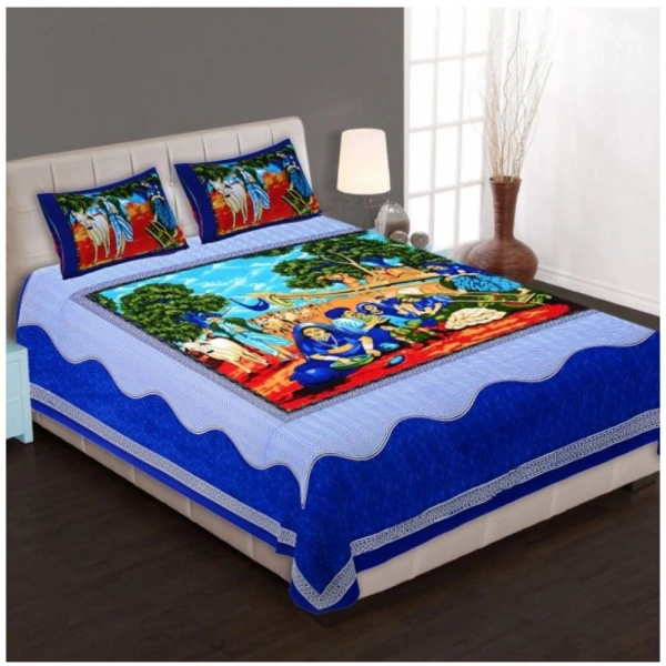 Shopnav Cotton Printed Queen Size Bedsheet With 2 Pillow Covers (Blue, 90x100 Inch)