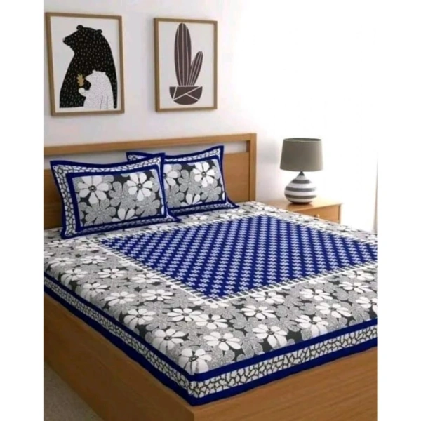Shopnav Cotton Printed Queen Size Bedsheet With 2 Pillow Covers (Blue, 90x100 Inch)