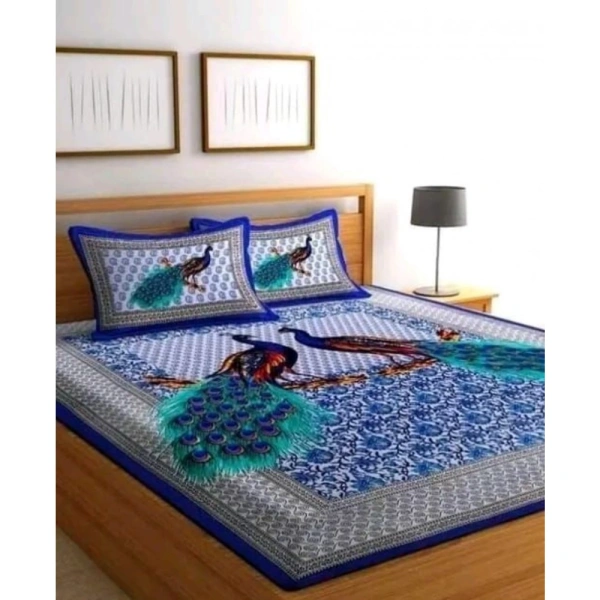 Shopnav Cotton Printed Queen Size Bedsheet With 2 Pillow Covers (Blue, 90x100 Inch)