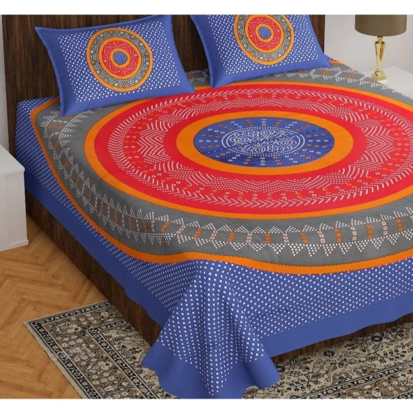 Shopnav Cotton Printed Queen Size Bedsheet With 2 Pillow Covers (Blue, 90x100 Inch)