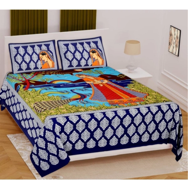 Shopnav Cotton Printed Queen Size Bedsheet With 2 Pillow Covers (Blue, 90x100 Inch)
