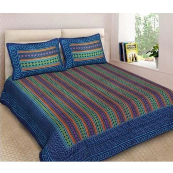 Shopnav Cotton Printed Queen Size Bedsheet With 2 Pillow Covers (Blue, 90x100 Inch)