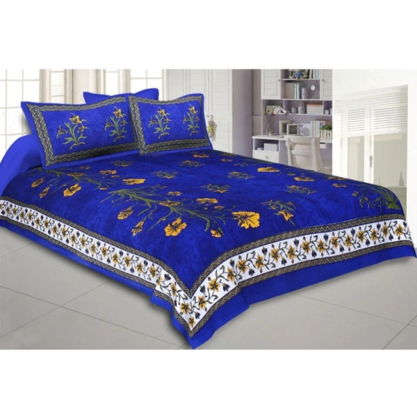 Shopnav Cotton Printed Queen Size Bedsheet With 2 Pillow Covers (Blue, 90x100 Inch)