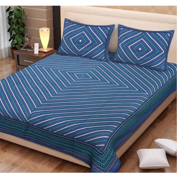 Shopnav Cotton Printed Queen Size Bedsheet With 2 Pillow Covers (Blue, 90x100 Inch)