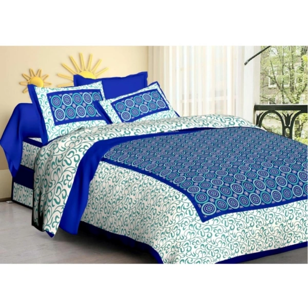Shopnav Cotton Printed Queen Size Bedsheet With 2 Pillow Covers (Blue, 90x100 Inch)