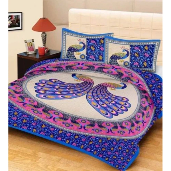 Shopnav Cotton Printed Queen Size Bedsheet With 2 Pillow Covers (Blue, 90x100 Inch)