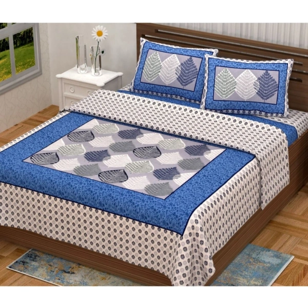 Shopnav Cotton Printed Queen Size Bedsheet With 2 Pillow Covers (Blue, 90x100 Inch)