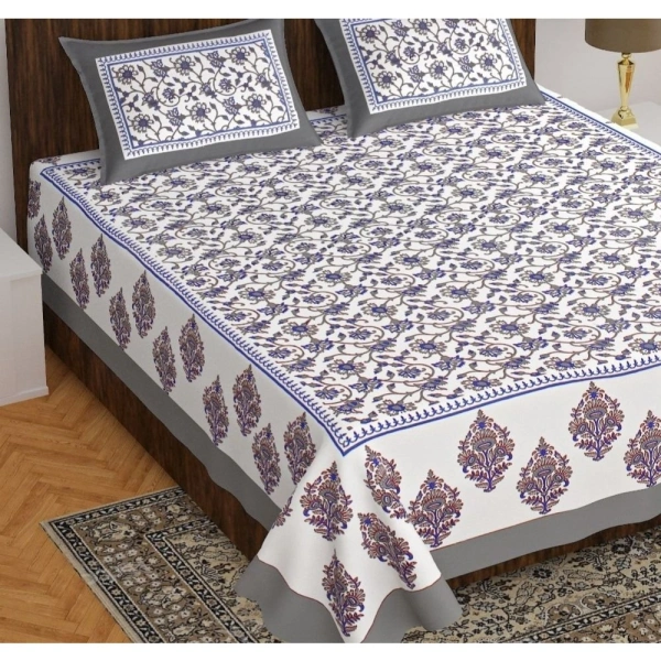 Shopnav Cotton Printed Queen Size Bedsheet With 2 Pillow Covers (White, 90x100 Inch)