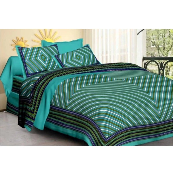 Shopnav Cotton Printed Queen Size Bedsheet With 2 Pillow Covers (Green, 90x100 Inch)
