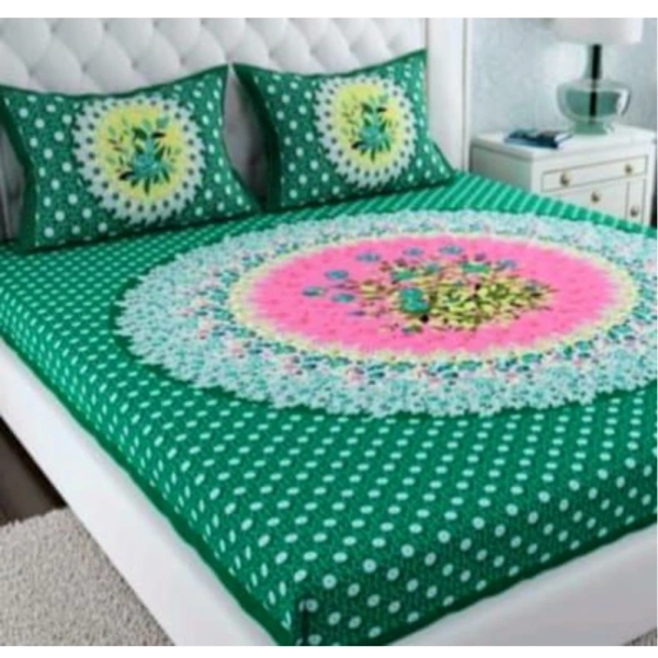 Shopnav Cotton Printed Queen Size Bedsheet With 2 Pillow Covers (Green, 90x100 Inch)