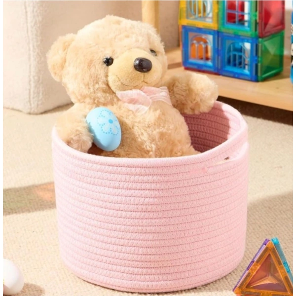Shopnav Cotton Round Small Storage Basket 9x7 Inch Pack of 1 (Baby Pink)