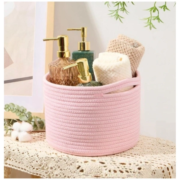 Shopnav Cotton Round Small Storage Basket 9x7 Inch Pack of 1 (Baby Pink)