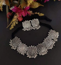 Shopnav Antique Silver Oxidised Tribal Afghani Necklace With Earrings Set For Women - Silver