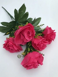 Shopnav Artificial Flowers Bunch Bouquet Of 5 Roses For Home Decoration (Dark Pink, Material:Silk, Polyester) - 0.35, DarkPink