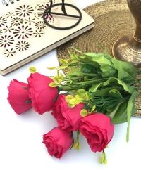 Shopnav Artificial Flowers Bunch Bouquet Of 6 Garden Roses For Home Decoration (Darkpink, Material:Silk, Polyester) - 0.35, DarkPink