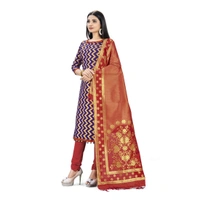 Banarasi Silk Unstitched Salwar-Suit Material Premium Quality With Dupatta (Color: Navy Blue) - Red, 0.4, 2-2.5Mtrs