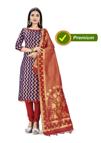 Banarasi Silk Unstitched Salwar-Suit Material Premium Quality With Dupatta (Color: Navy Blue) - Red, 0.4, 2-2.5Mtrs