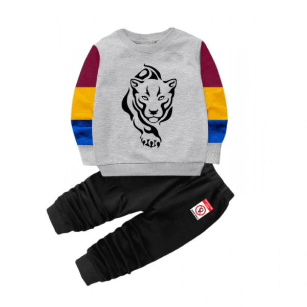 Boy's Casual Full Sleeve Printed Cotton T Shirt With Pant (Grey) - 11-12-Yrs, 0.35, Grey