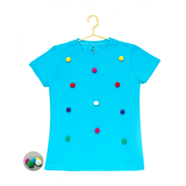 Girl's Casual Short Sleeve Pom Pom Balls Cotton T Shirt (Blue) - 11-12-Yrs, 0.35, Blue