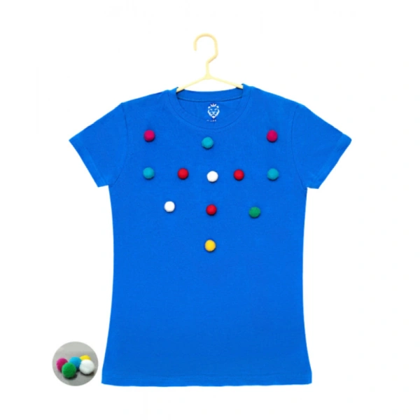 Girl's Casual Short Sleeve Pom Pom Balls Cotton T Shirt (Royal Blue) - 11-12-Yrs, 0.35, Royal Blue