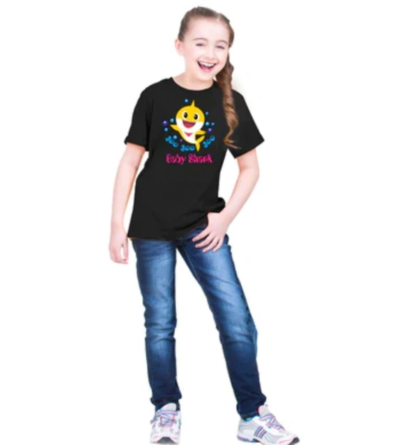 Girls Cotton Baby Shark Half Sleeve TShirt (Black) - M, 0.25, Black