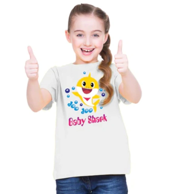 Girls Cotton Baby Shark Half Sleeve TShirt (White) - M, 0.25, White